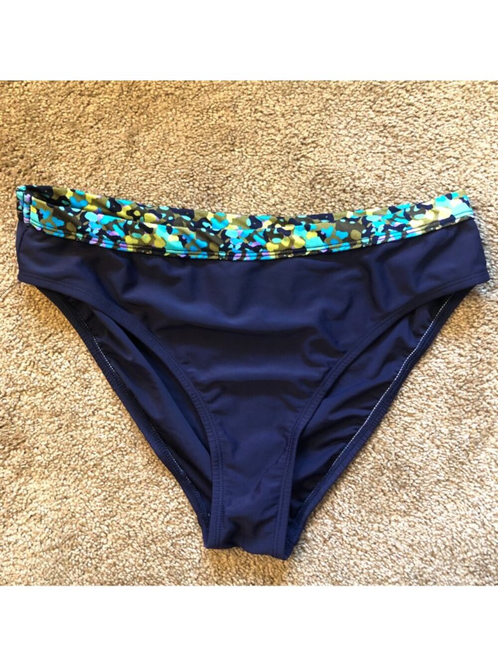 NWOT 24TH OCEAN Navy Blue Green Printed High Waisted Waist Bikini Bottom Large L